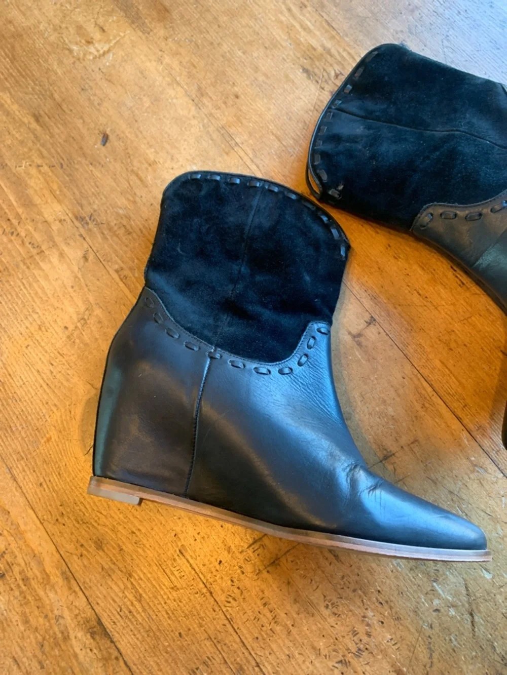 Martha Jones Women’s Black Two-Texture Wedge Ankle Booties